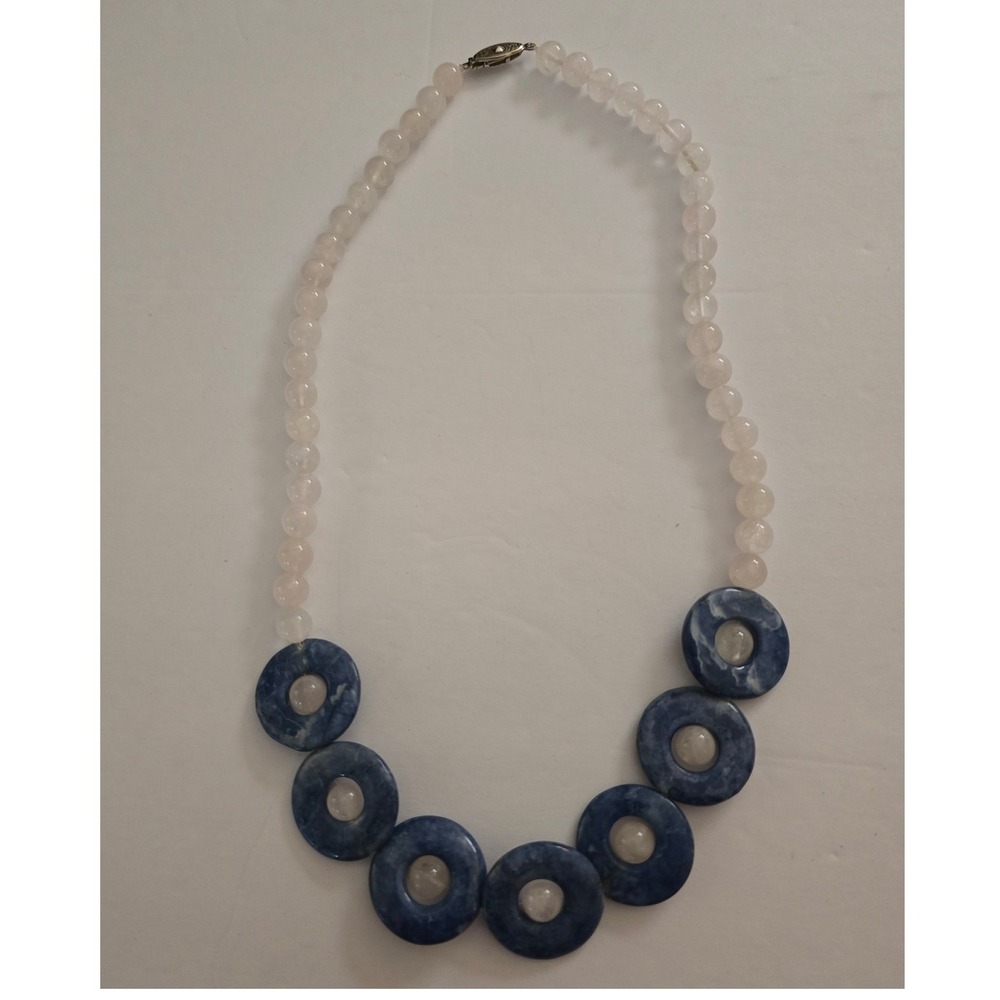 Boho Chic Natural Rose Quartz and Blue Sodalite Beaded Necklace with Filigree